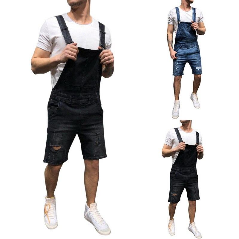 Puimentiua Men's Ripped denim shorts  Distressed Bib Overalls Male Suspender trousers Torridity Playsuit Plus Size 3XL