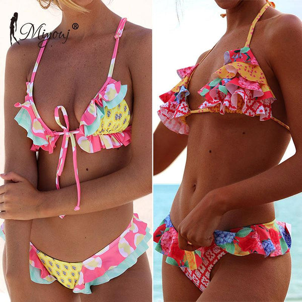 Miyouj Sexy Ruffle Bikini Floral Push Up Swimsuit Women Lace Up Swimwear String Bathing Suit Monokini Biquini Wave Bikini Set XL