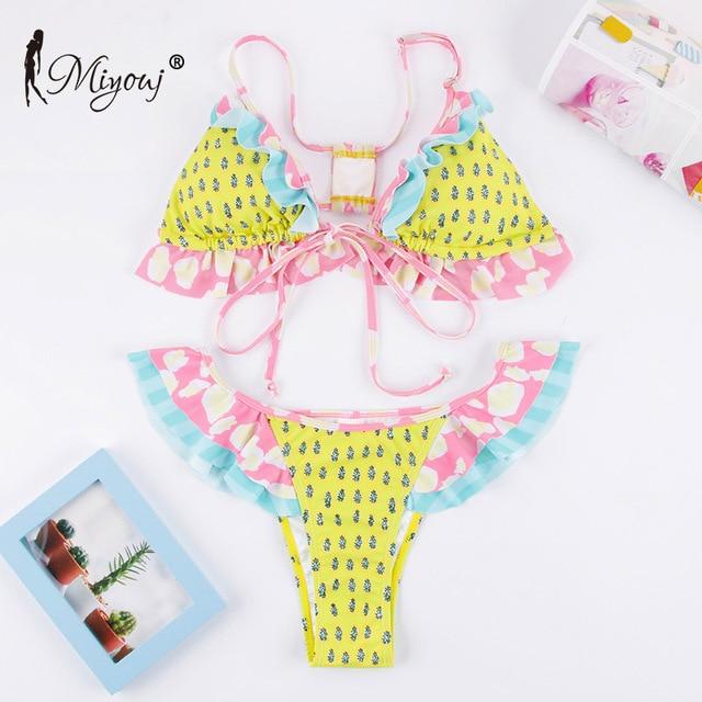 Miyouj Sexy Ruffle Bikini Floral Push Up Swimsuit Women Lace Up Swimwear String Bathing Suit Monokini Biquini Wave Bikini Set XL