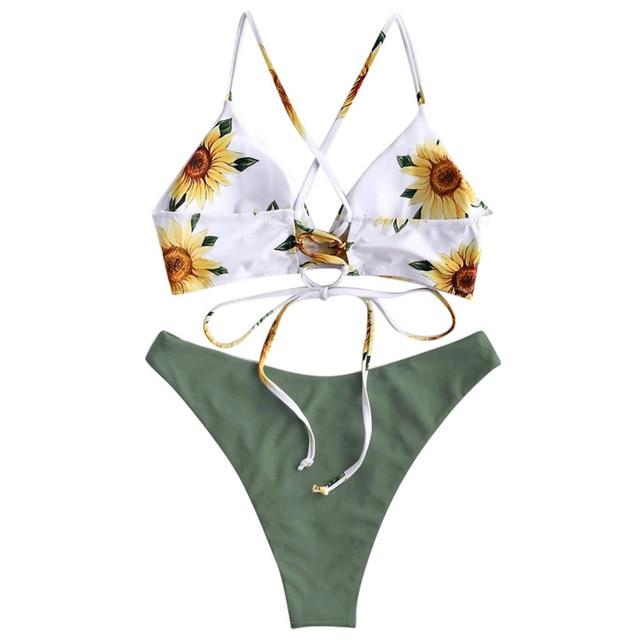 Women Sexy Sunflower Print Bikini Set Two Piece Beachwear Swimsuits Woman Cross Backless Push Up Bikinis Swimwear Bath Suit 9060