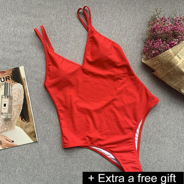 Solid One-Piece Swimsuit Bandage Women Swimwear Push Up Bathing Suit Deep V red Monokini Bodysuit Maillot De Bain  swim suit