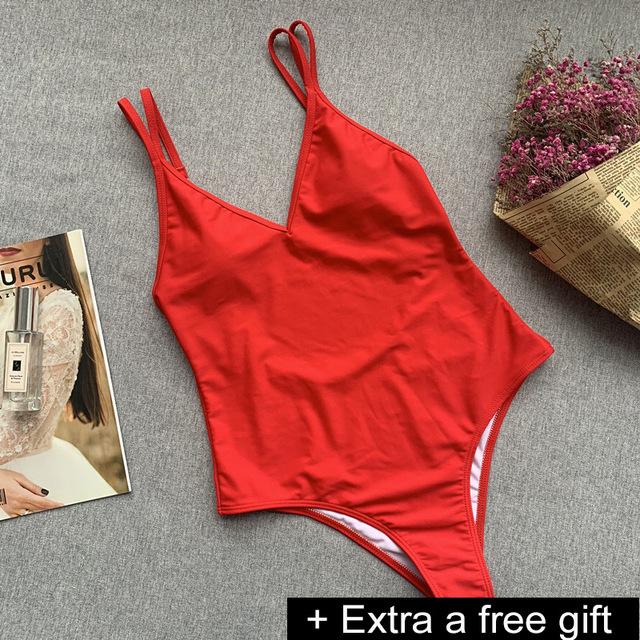 Solid One-Piece Swimsuit Bandage Women Swimwear Push Up Bathing Suit Deep V red Monokini Bodysuit Maillot De Bain  swim suit