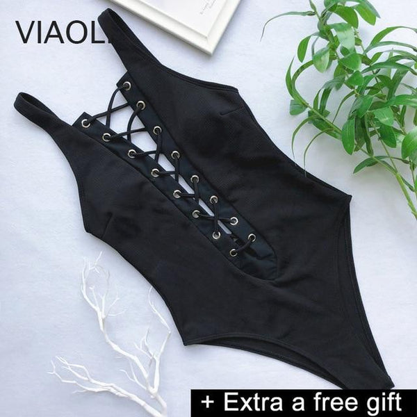 Solid One-Piece Swimsuit Bandage Women Swimwear Push Up Bathing Suit Deep V red Monokini Bodysuit Maillot De Bain  swim suit
