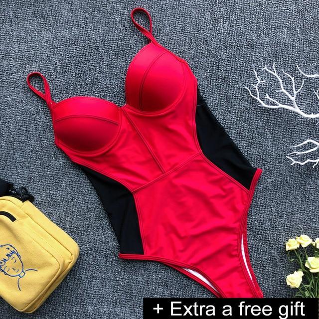 Solid One-Piece Swimsuit Bandage Women Swimwear Push Up Bathing Suit Deep V red Monokini Bodysuit Maillot De Bain  swim suit
