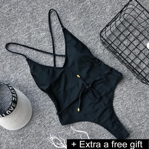 Solid One-Piece Swimsuit Bandage Women Swimwear Push Up Bathing Suit Deep V red Monokini Bodysuit Maillot De Bain  swim suit