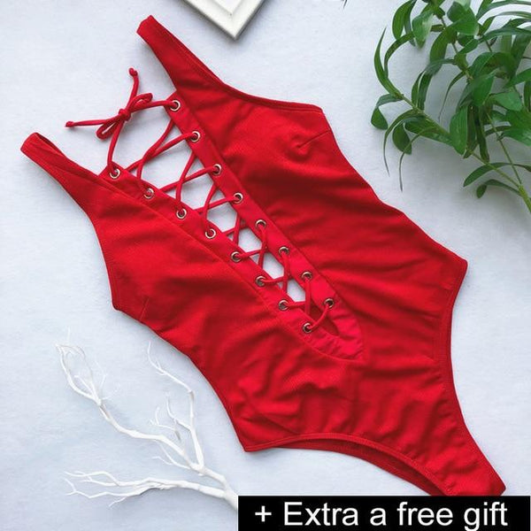 Solid One-Piece Swimsuit Bandage Women Swimwear Push Up Bathing Suit Deep V red Monokini Bodysuit Maillot De Bain  swim suit