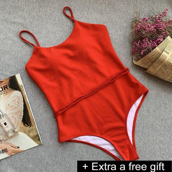 Solid One-Piece Swimsuit Bandage Women Swimwear Push Up Bathing Suit Deep V red Monokini Bodysuit Maillot De Bain  swim suit