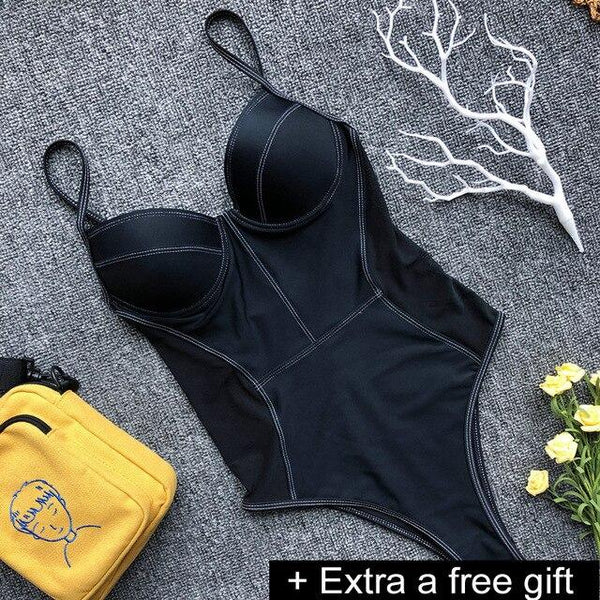 Solid One-Piece Swimsuit Bandage Women Swimwear Push Up Bathing Suit Deep V red Monokini Bodysuit Maillot De Bain  swim suit