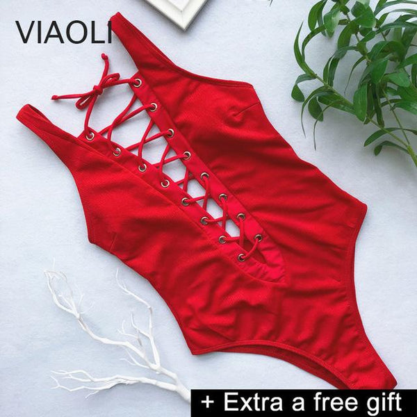 Solid One-Piece Swimsuit Bandage Women Swimwear Push Up Bathing Suit Deep V red Monokini Bodysuit Maillot De Bain  swim suit