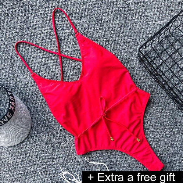 Solid One-Piece Swimsuit Bandage Women Swimwear Push Up Bathing Suit Deep V red Monokini Bodysuit Maillot De Bain  swim suit