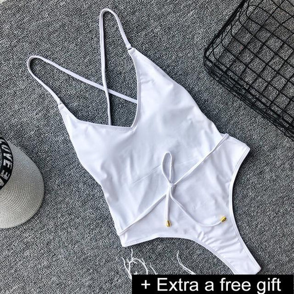 Solid One-Piece Swimsuit Bandage Women Swimwear Push Up Bathing Suit Deep V red Monokini Bodysuit Maillot De Bain  swim suit