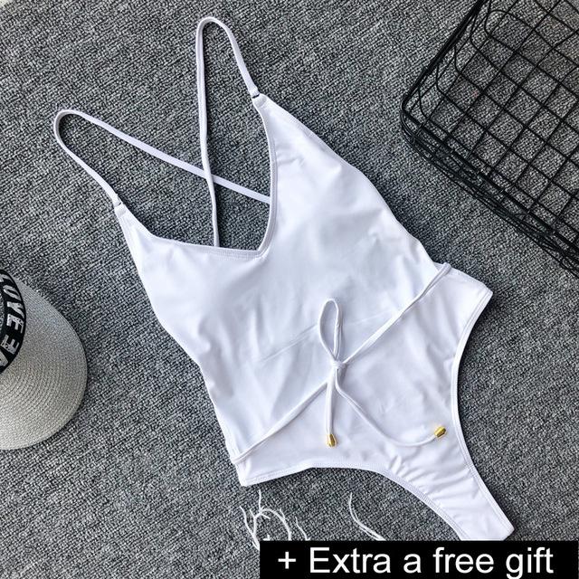 Solid One-Piece Swimsuit Bandage Women Swimwear Push Up Bathing Suit Deep V red Monokini Bodysuit Maillot De Bain  swim suit