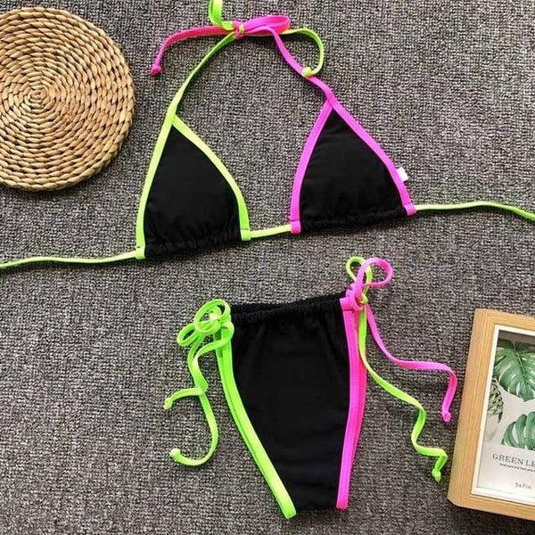 Triangle Leopard Bikinis 2019 Mujer Biquini Neon Green String Tie Tiny Bikini Sexy Thong Swimsuit push up Micro Bathers 3939