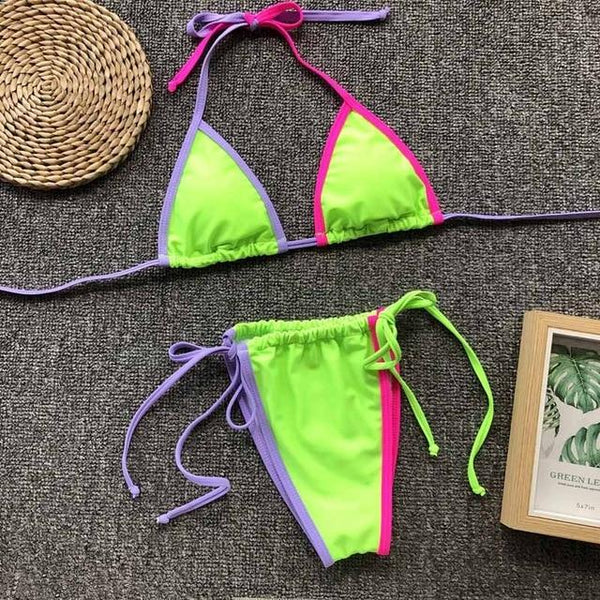 Triangle Leopard Bikinis 2019 Mujer Biquini Neon Green String Tie Tiny Bikini Sexy Thong Swimsuit push up Micro Bathers 3939