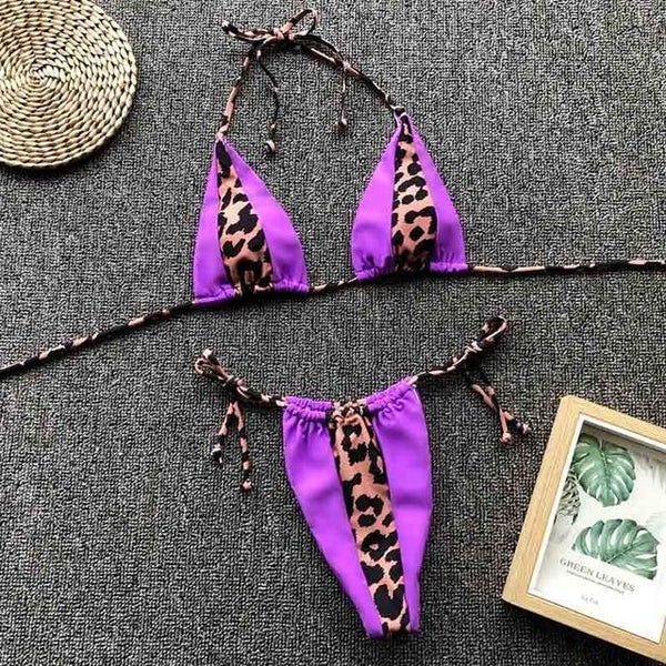 Triangle Leopard Bikinis 2019 Mujer Biquini Neon Green String Tie Tiny Bikini Sexy Thong Swimsuit push up Micro Bathers 3939