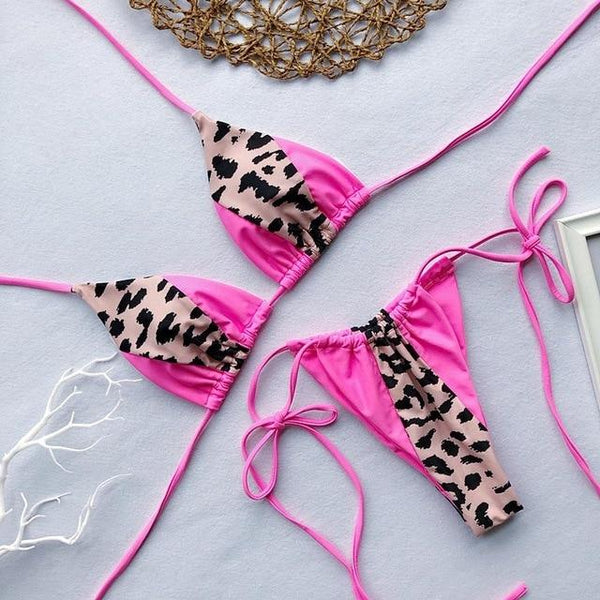 Triangle Leopard Bikinis 2019 Mujer Biquini Neon Green String Tie Tiny Bikini Sexy Thong Swimsuit push up Micro Bathers 3939