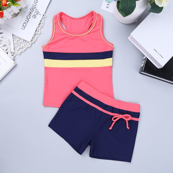 Children Swimwear Girl Two piece Swimsuit Girls Kids Bikini Bathing Suit Tankini Sport Vest Tops with Bottoms Shorts SZ 6 to 14
