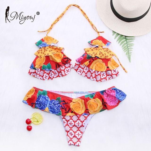 Miyouj Sexy Ruffle Bikini Floral Push Up Swimsuit Women Lace Up Swimwear String Bathing Suit Monokini Biquini Wave Bikini Set XL