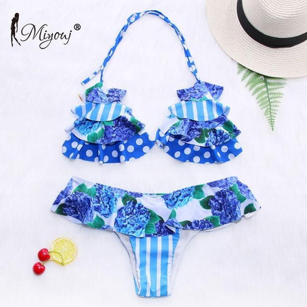 Miyouj Sexy Ruffle Bikini Floral Push Up Swimsuit Women Lace Up Swimwear String Bathing Suit Monokini Biquini Wave Bikini Set XL