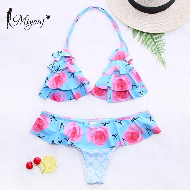 Miyouj Sexy Ruffle Bikini Floral Push Up Swimsuit Women Lace Up Swimwear String Bathing Suit Monokini Biquini Wave Bikini Set XL