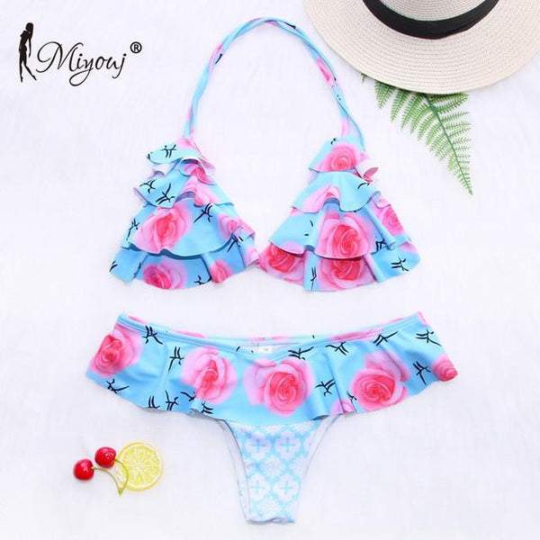 Miyouj Sexy Ruffle Bikini Floral Push Up Swimsuit Women Lace Up Swimwear String Bathing Suit Monokini Biquini Wave Bikini Set XL