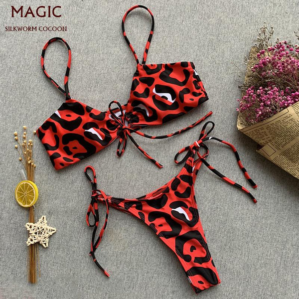 Red Leopard Print Bikini Set Women Swimsuit High Waist Thong Bandage Swimwear Female Beachwear Bathing Swimming Suit BatherSuit