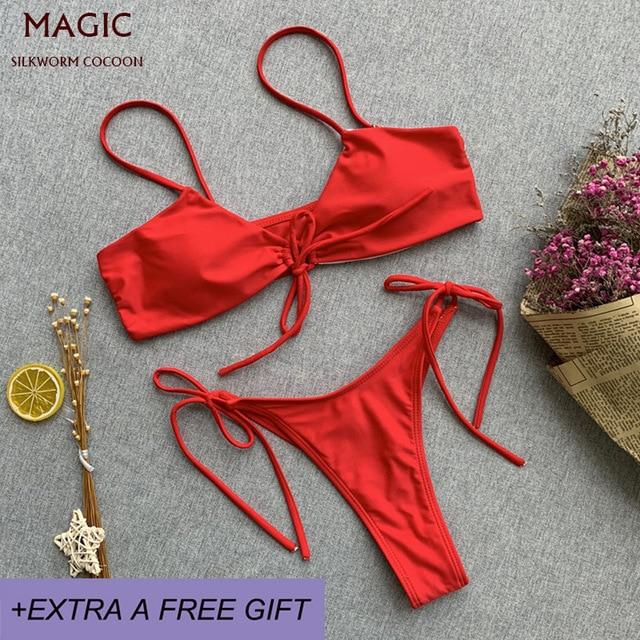 Red Leopard Print Bikini Set Women Swimsuit High Waist Thong Bandage Swimwear Female Beachwear Bathing Swimming Suit BatherSuit