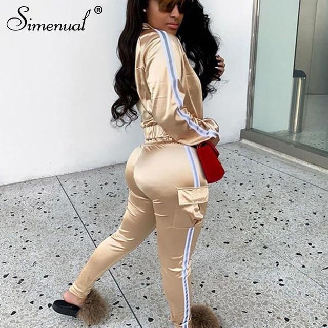 Simenual Neon Reflective Lines Matching Sets Women Casual Active Wear 2 Piece Outfits Satin Zipper Fashion Jacket And Pants Set