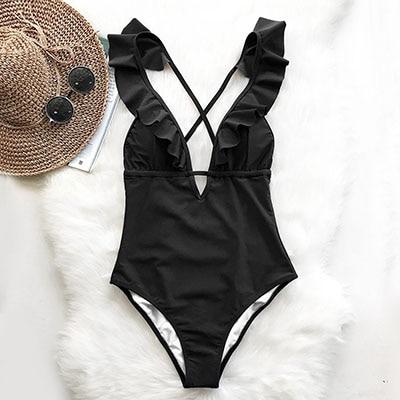 Falbala Women Swimsuit Ruffle Deep V-Neck Monokini Burgundy Backless Bikinis Girls Beach Bathing Suit Swimwear
