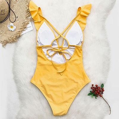 Falbala Women Swimsuit Ruffle Deep V-Neck Monokini Burgundy Backless Bikinis Girls Beach Bathing Suit Swimwear