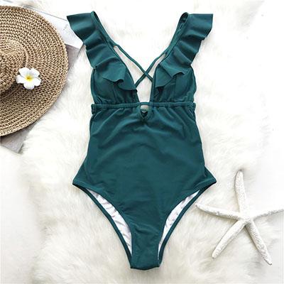 Falbala Women Swimsuit Ruffle Deep V-Neck Monokini Burgundy Backless Bikinis Girls Beach Bathing Suit Swimwear