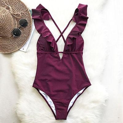 Falbala Women Swimsuit Ruffle Deep V-Neck Monokini Burgundy Backless Bikinis Girls Beach Bathing Suit Swimwear