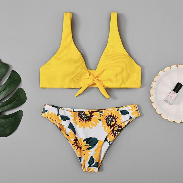 Hot Biquinis 2018 Chest Knotted Swimwear Solid Bikini Set High Waist Bathing Suit Push Up Swimsuit For Women Swimwear