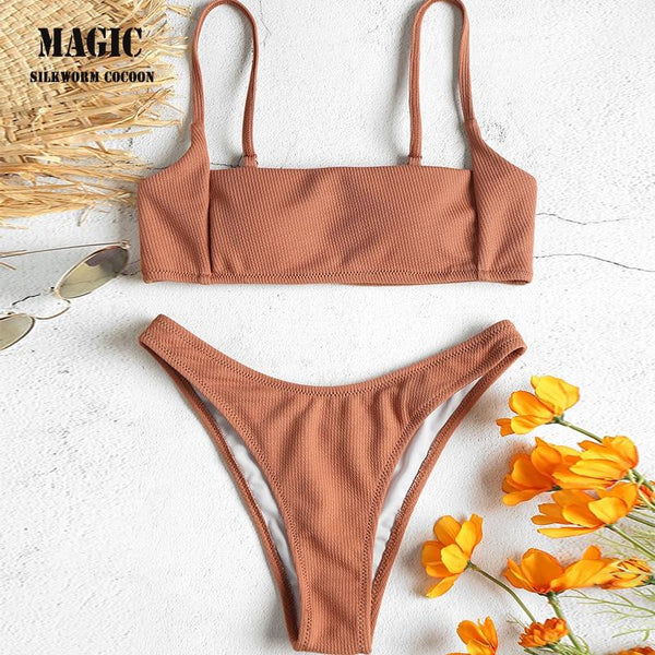 Newest Arrival Solid Sling Two Piece Swimming Suit Women Bikini Set Push-Up Padded Bra Beach Swimsuit Sexy High Waist Swimwear