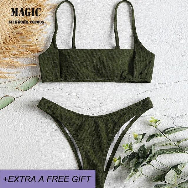 Newest Arrival Solid Sling Two Piece Swimming Suit Women Bikini Set Push-Up Padded Bra Beach Swimsuit Sexy High Waist Swimwear