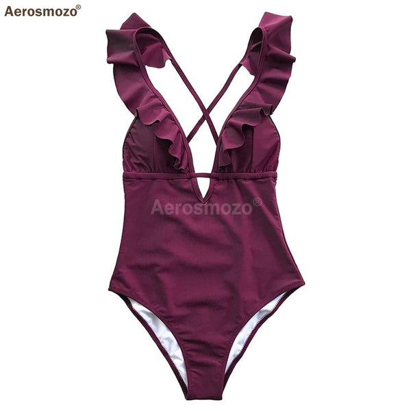 Falbala Women Swimsuit Ruffle Deep V-Neck Monokini Burgundy Backless Bikinis Girls Beach Bathing Suit Swimwear