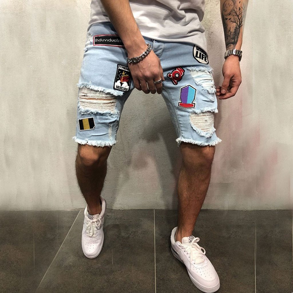Feitong Short Jeans Men Cotton Distressed Denim Shorts Ripped Curl Jeans Casual Holes Summer Printed Shorts Male Brand Clothes