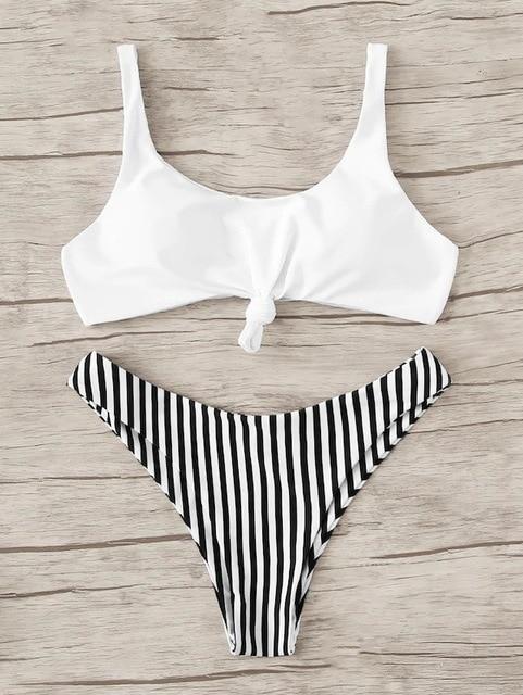 Sexy Bikini 2019 Women Swimsuit Scoop Neck Striped Swimwear Knot Bow fringe Summer Beachwear Bathing Suit Push Up Biquinis