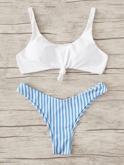 Sexy Bikini 2019 Women Swimsuit Scoop Neck Striped Swimwear Knot Bow fringe Summer Beachwear Bathing Suit Push Up Biquinis