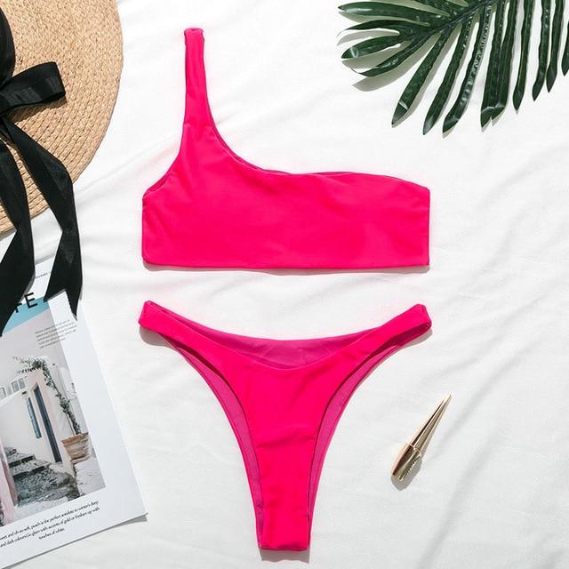 Mossha Sexy thong Pink bikini Neon swimsuit female Bathing suit One shoulder Bikini set 2019 swimwear women High cut biquini new