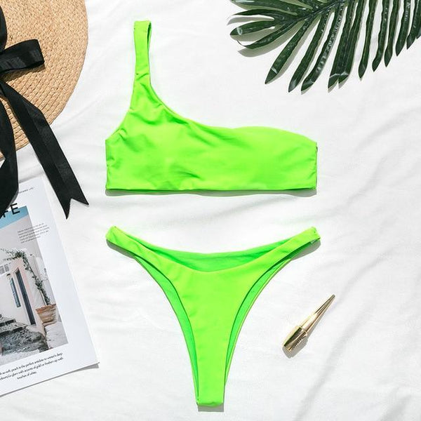 Mossha Sexy thong Pink bikini Neon swimsuit female Bathing suit One shoulder Bikini set 2019 swimwear women High cut biquini new