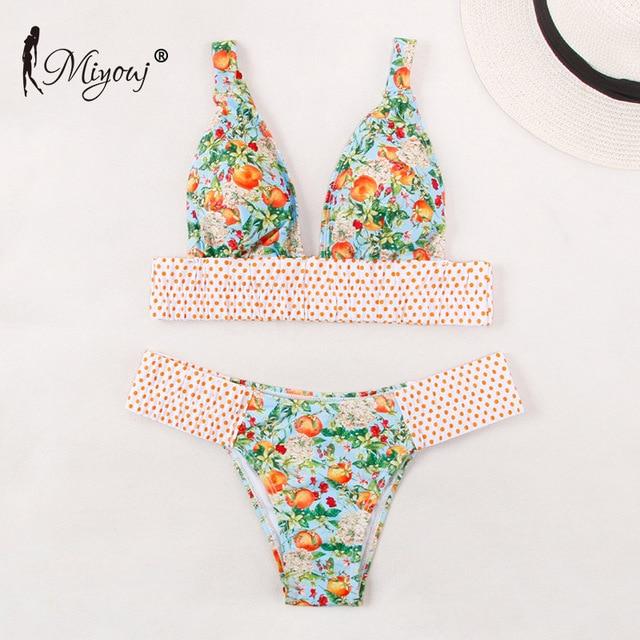 Miyouj Sexy Floral Bikini Hollow Out Swimsuit Stripe Cross String Swimwear Biquinis Feminino 2019 Bathing Suit Women Bikini Set