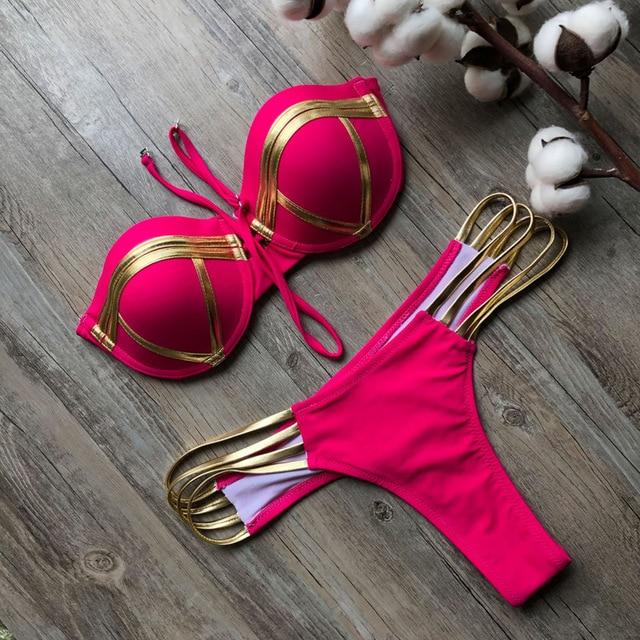 2019 Gold Stamping Women Bikini Set Sexy Padded Women Swimsuit Push Up Bikini Swimwear Summer Beachwear Brazil Bathing Suit