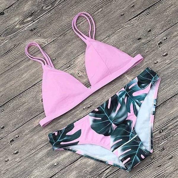 Women Split Swimwear Bikini Set Tropical Leave Print Bottom Solid Top Female Brazilian Bather Suit Swimsuit Swim Maillot Tankini