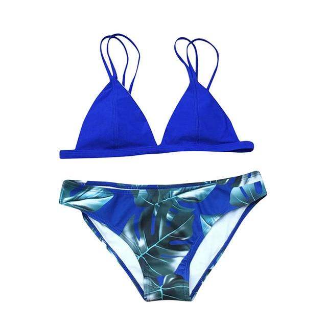 Women Split Swimwear Bikini Set Tropical Leave Print Bottom Solid Top Female Brazilian Bather Suit Swimsuit Swim Maillot Tankini