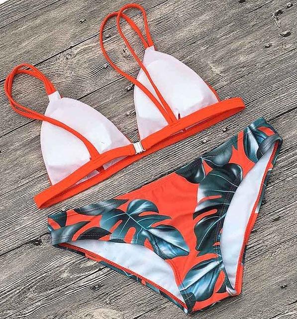 Women Split Swimwear Bikini Set Tropical Leave Print Bottom Solid Top Female Brazilian Bather Suit Swimsuit Swim Maillot Tankini