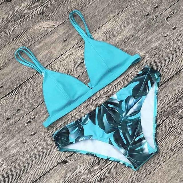 Women Split Swimwear Bikini Set Tropical Leave Print Bottom Solid Top Female Brazilian Bather Suit Swimsuit Swim Maillot Tankini