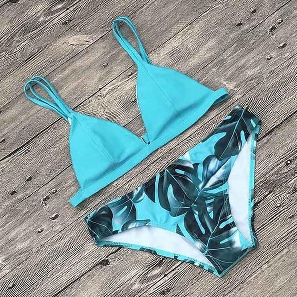 Women Split Swimwear Bikini Set Tropical Leave Print Bottom Solid Top Female Brazilian Bather Suit Swimsuit Swim Maillot Tankini
