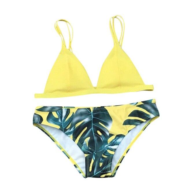 Women Split Swimwear Bikini Set Tropical Leave Print Bottom Solid Top Female Brazilian Bather Suit Swimsuit Swim Maillot Tankini
