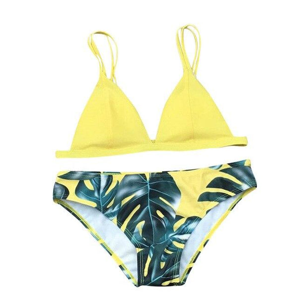 Women Split Swimwear Bikini Set Tropical Leave Print Bottom Solid Top Female Brazilian Bather Suit Swimsuit Swim Maillot Tankini